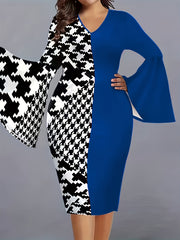  Colorblock Houndstooth Bell Sleeve V Neck Midi Dress