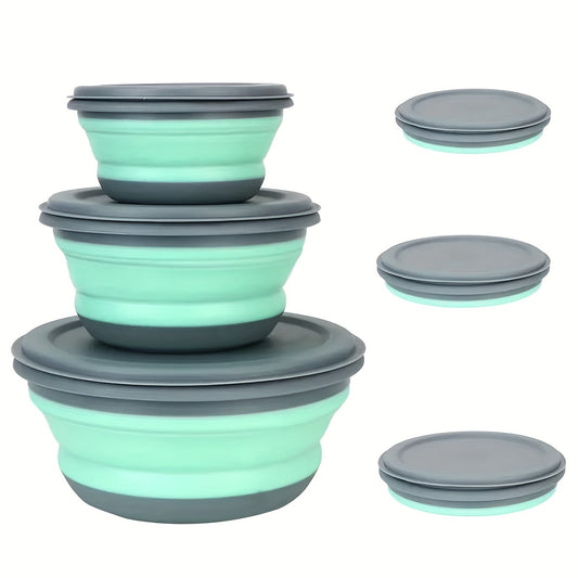 3pcs Silicone Foldable Lunch Box Set with Lid Portable Camping Bowl Picnic Salad