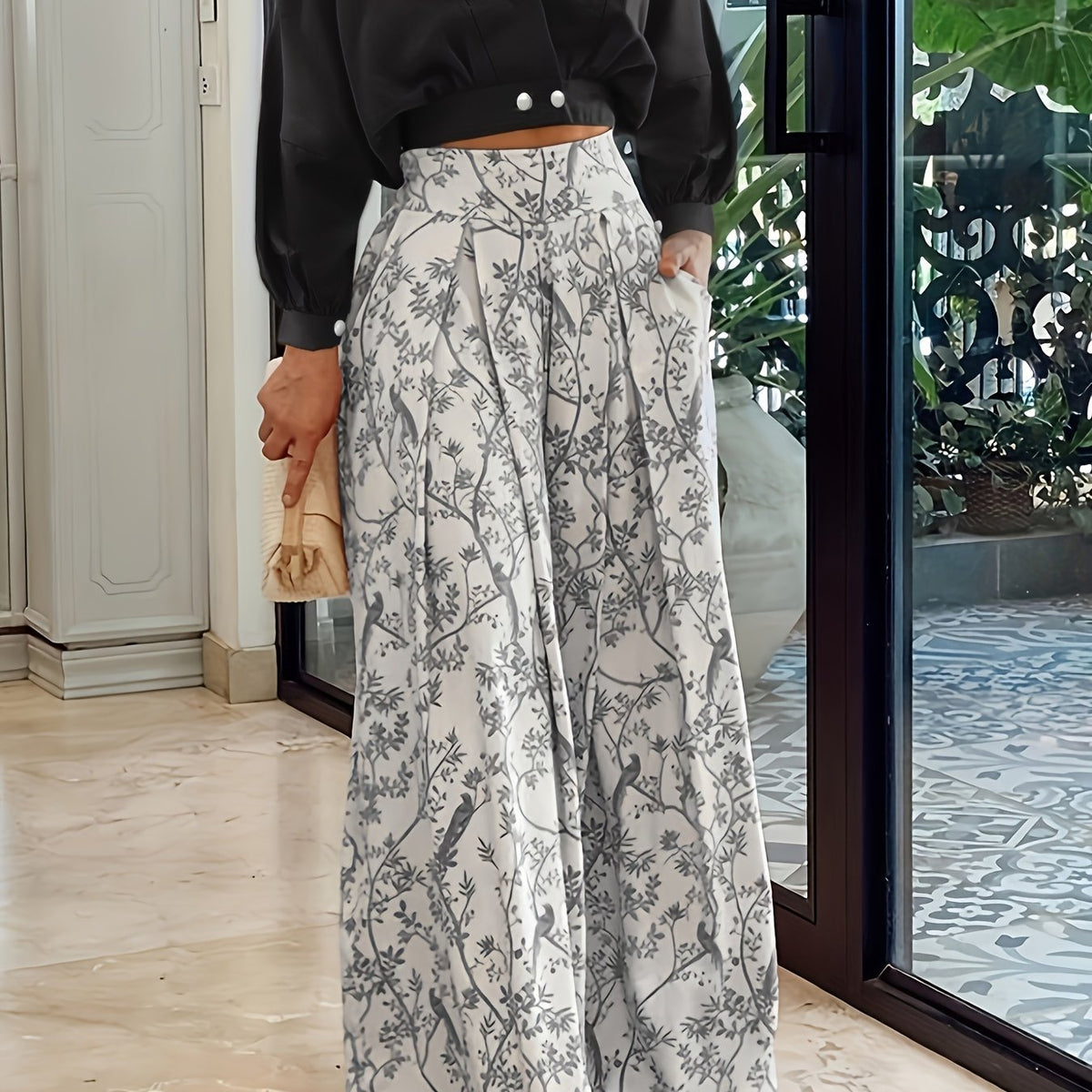 Solid Surplice Neck Top & Floral Wide Leg Pants Set