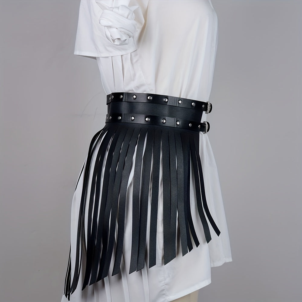 PU Leather Tassel Skirt Waistband Punk Adjustable Waist Belt