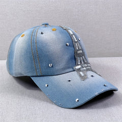 Eiffel Tower Baseball Cap Rhinestone Washed Distressed Denim Dad Hat