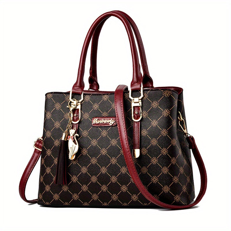 Vintage Geometric Print Tote Bag Retro Top Handle Satchel Purse
