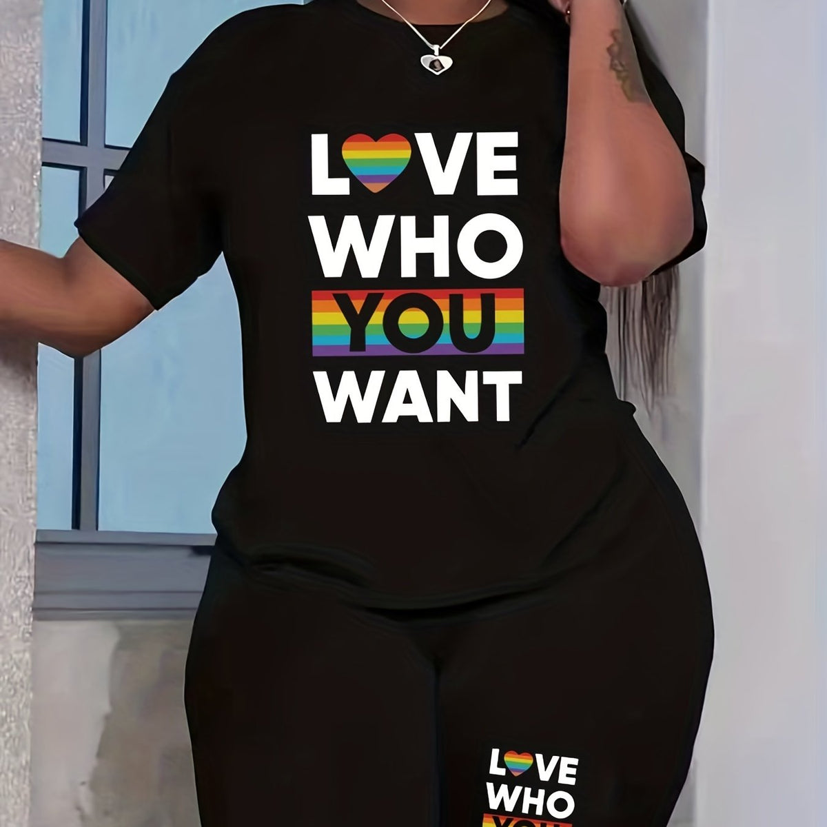  LGBT Casual Outfits 2 Piece Set Women's Plus Slogan & Rainbow Heart