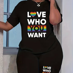  LGBT Casual Outfits 2 Piece Set Women's Plus Slogan & Rainbow Heart