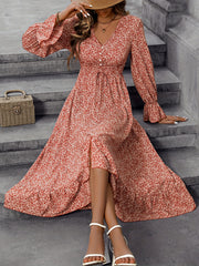 Floral Print Dress V Neck Long Sleeve