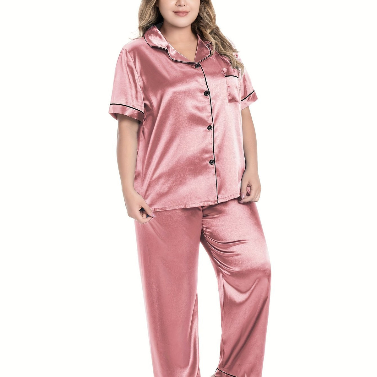 Women's Plus Satin PJs Set Short Sleeve Button Up Shirt & Pants Lounge 2 Piece