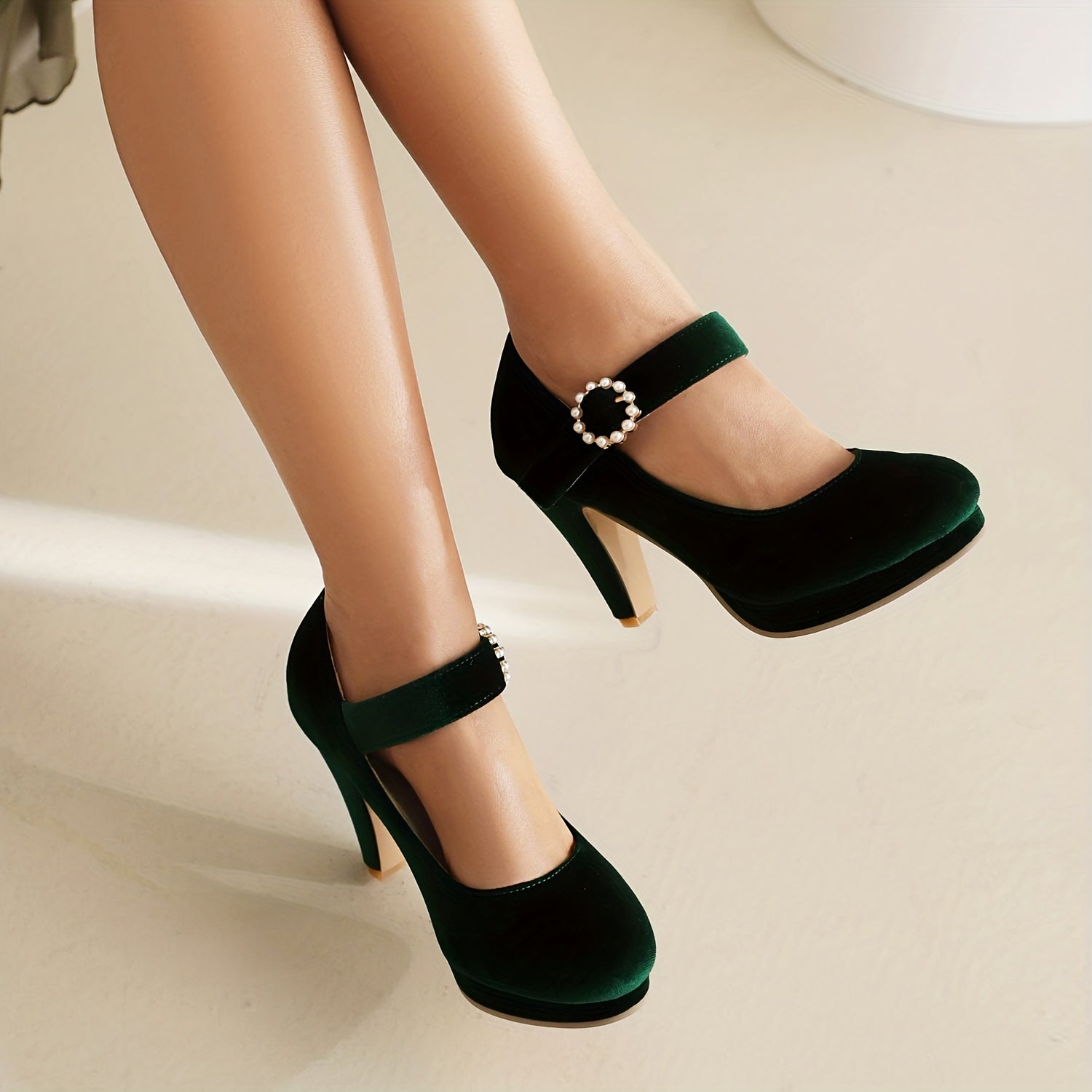 Faux Pearl Block Heels Ankle Strap Pumps Oktoberfest Dress Shoes