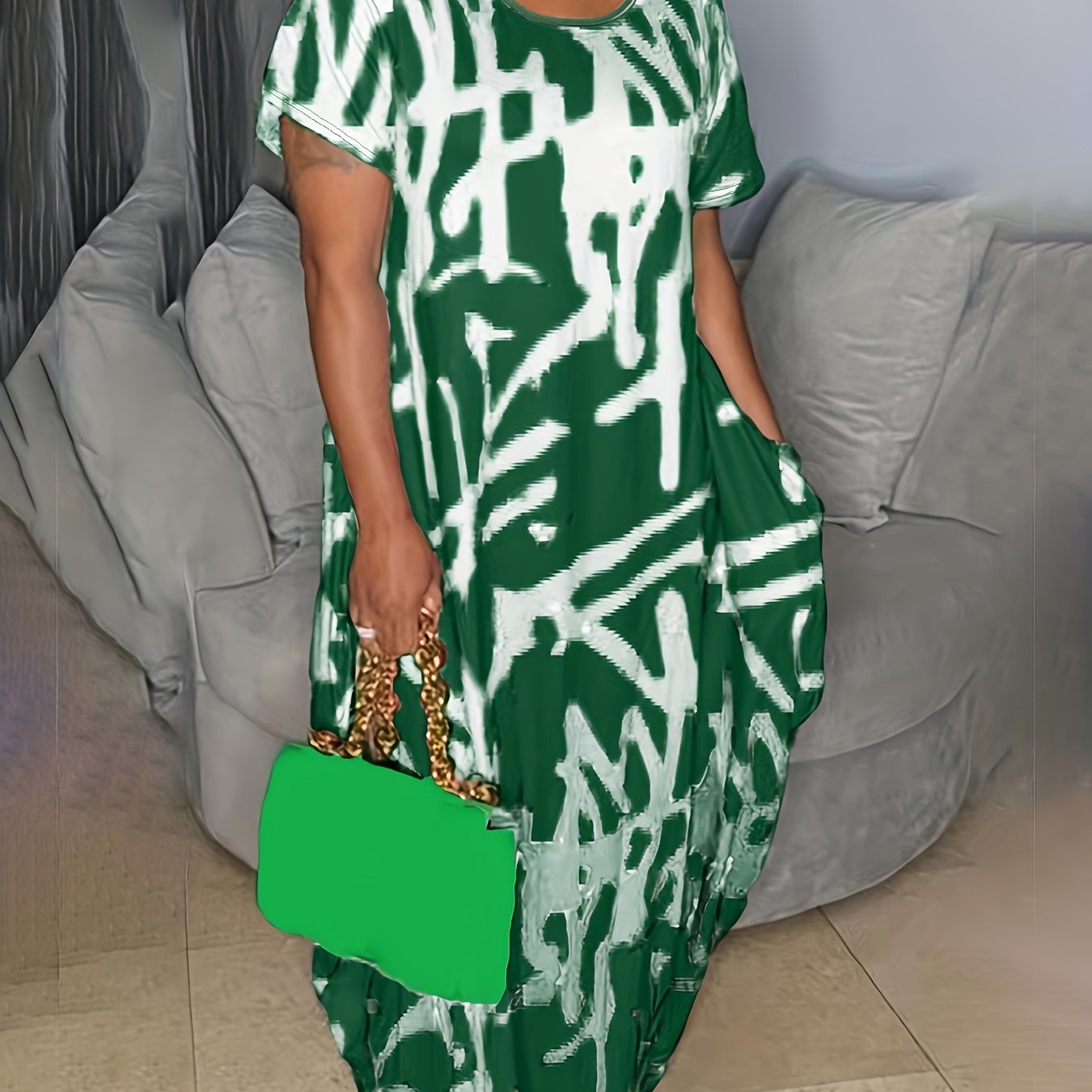  Graffiti Print Short Sleeve Dress With Pockets