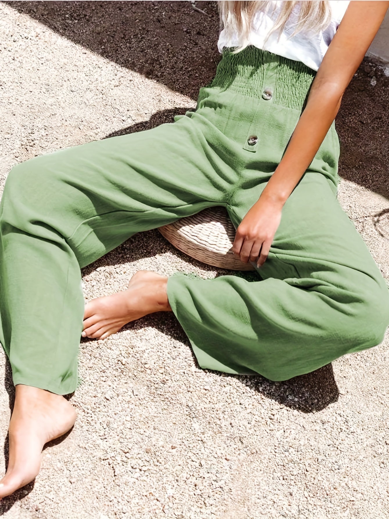  Wide Leg Button Decor Pants
