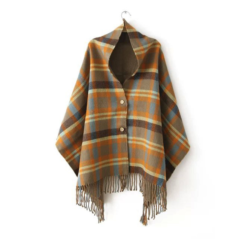 Women Plaid Scarves Wool Shawl Khaki Wool Scarf Boho Cape Winter Tassel