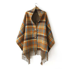 Women Plaid Scarves Wool Shawl Khaki Wool Scarf Boho Cape Winter Tassel
