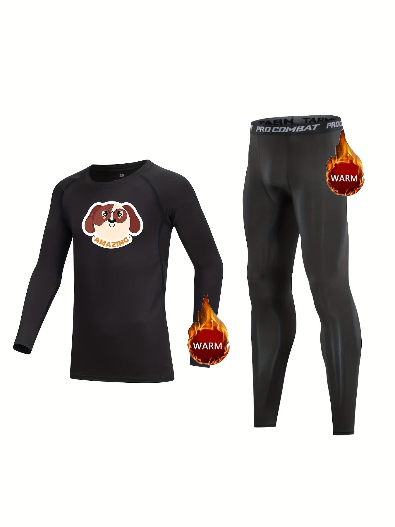 2pcs Kids Compression Fleece Set Dog Pattern Pullover & Pants
