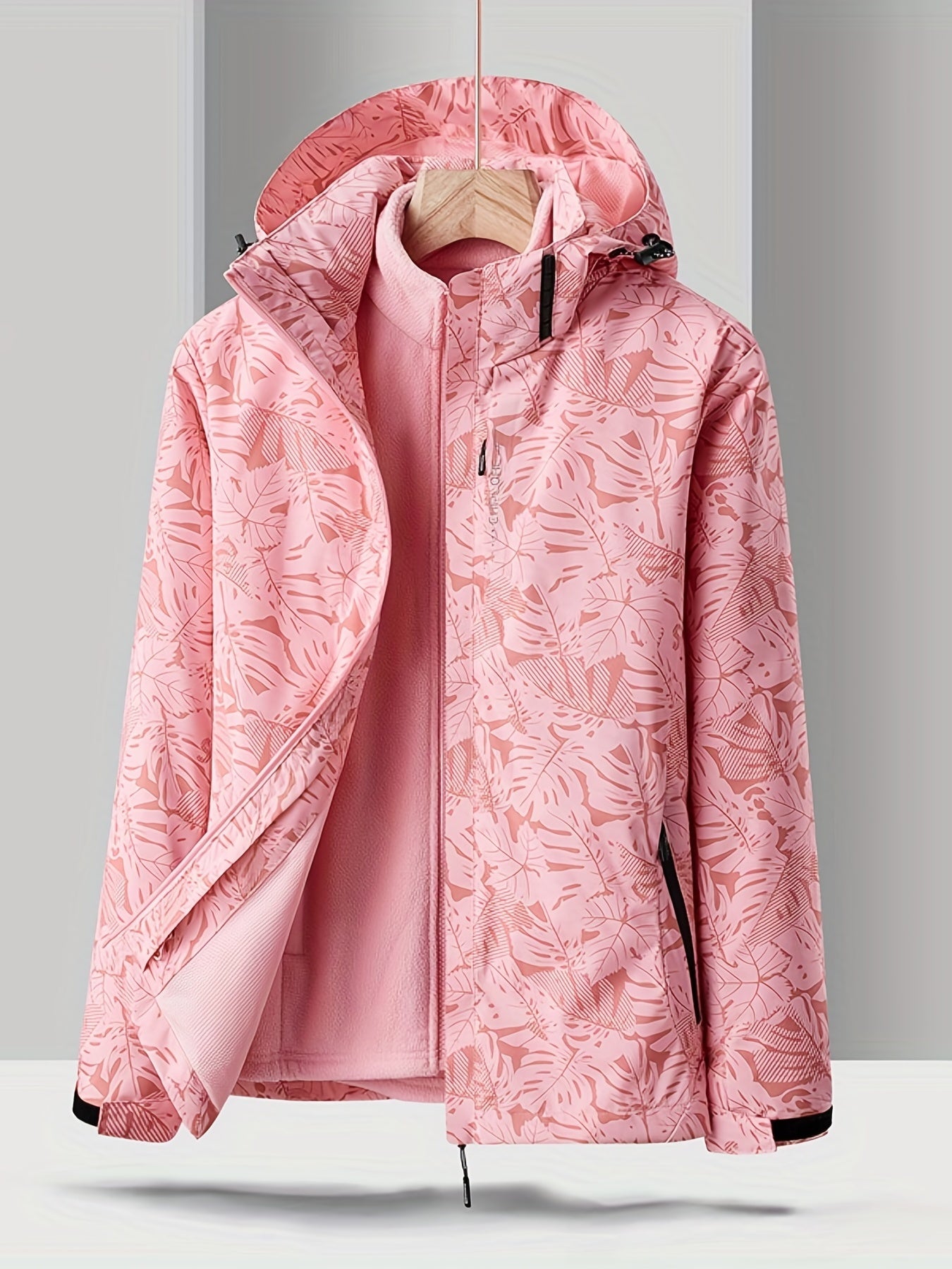 Women's Leaf Print Ski Jacket, Waterproof Soft Shell Hooded Snow Coat