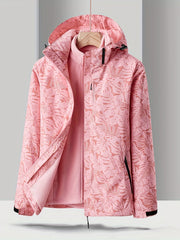 Women's Leaf Print Ski Jacket, Waterproof Soft Shell Hooded Snow Coat