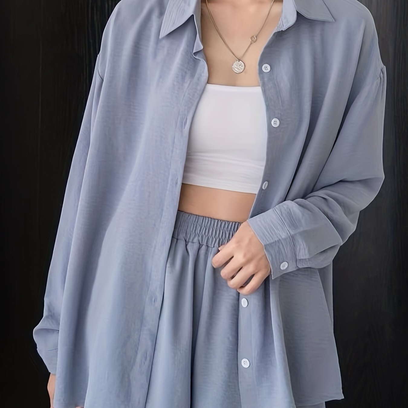 Solid Two piece Set Long Sleeve Shirt & Loose Shorts Outfits