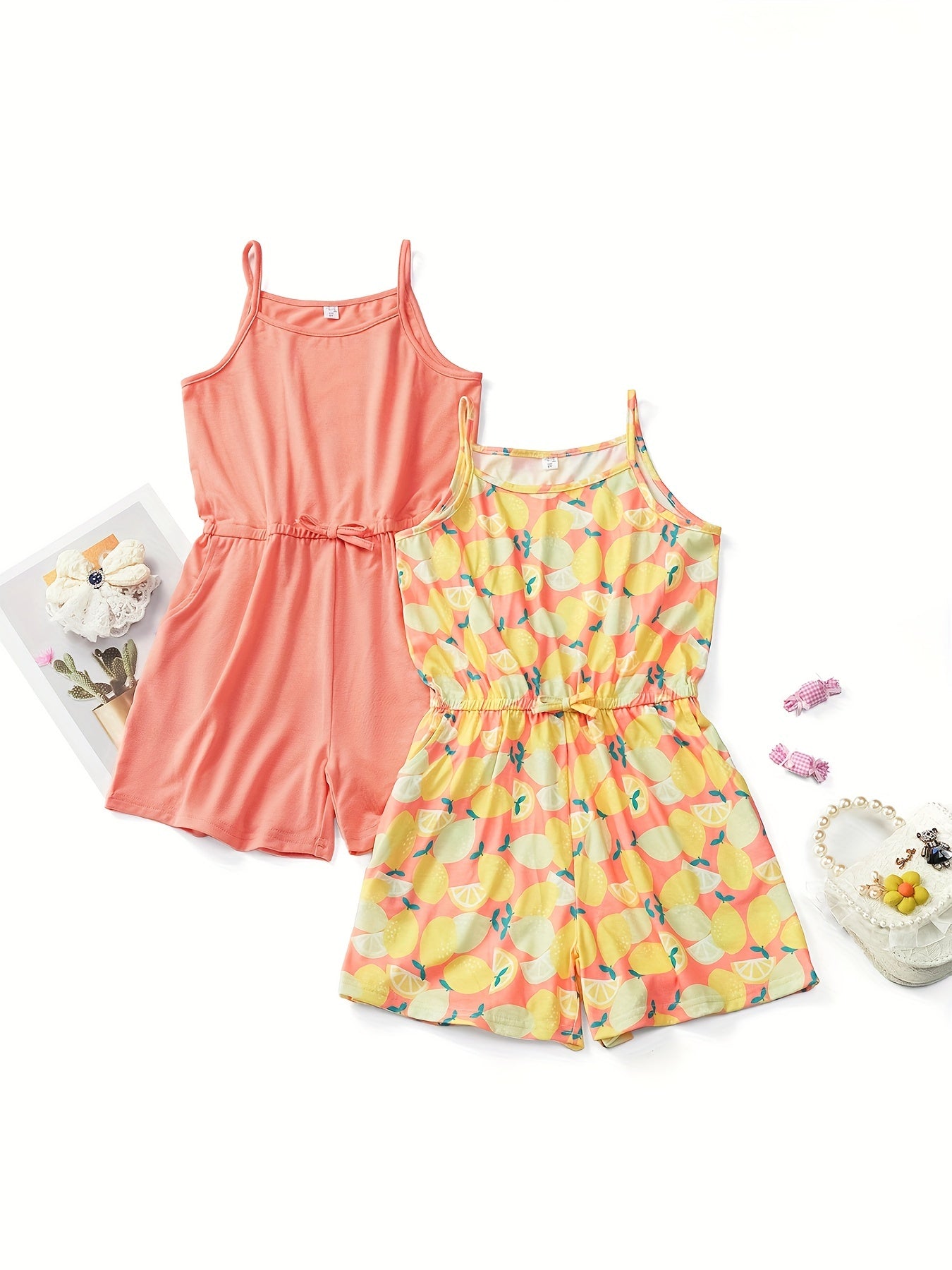 Girls Lemon Graphic Bow Front Cami Rompers Set