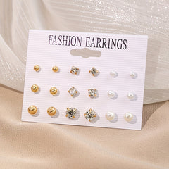9 Pairs Round Faux Pearl Stud Earrings Set Silver Plated