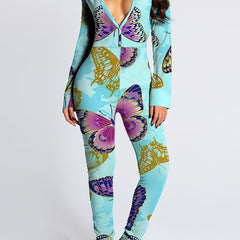 Butterfly Print V Neck Long Sleeve Jumpsuit
