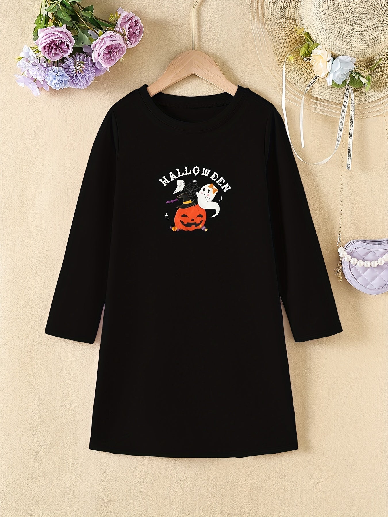 Girls' Halloween Pumpkin Print Long Sleeve A line Casual Dress