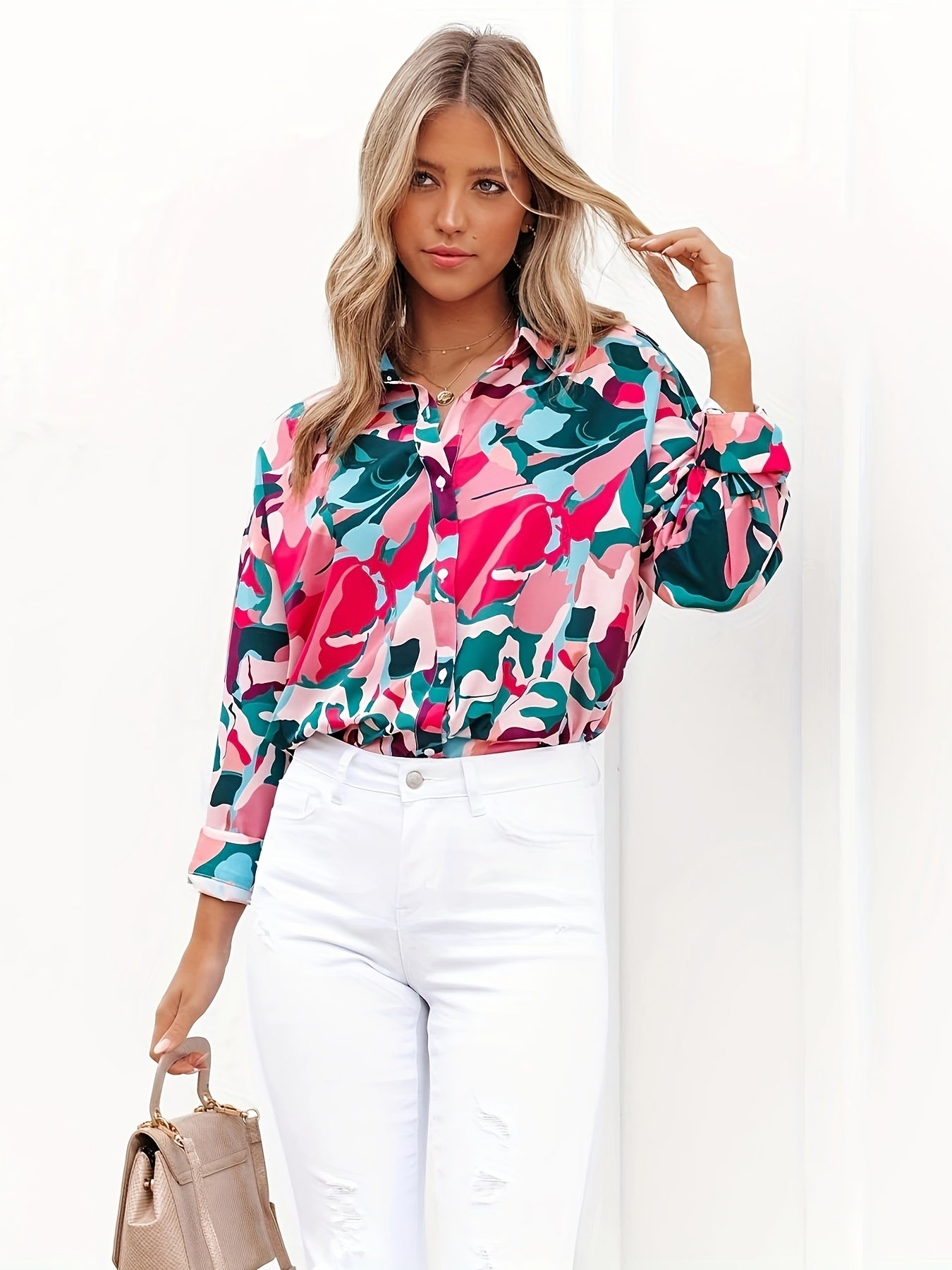  Colorblock Allover Print Button Up Blouse