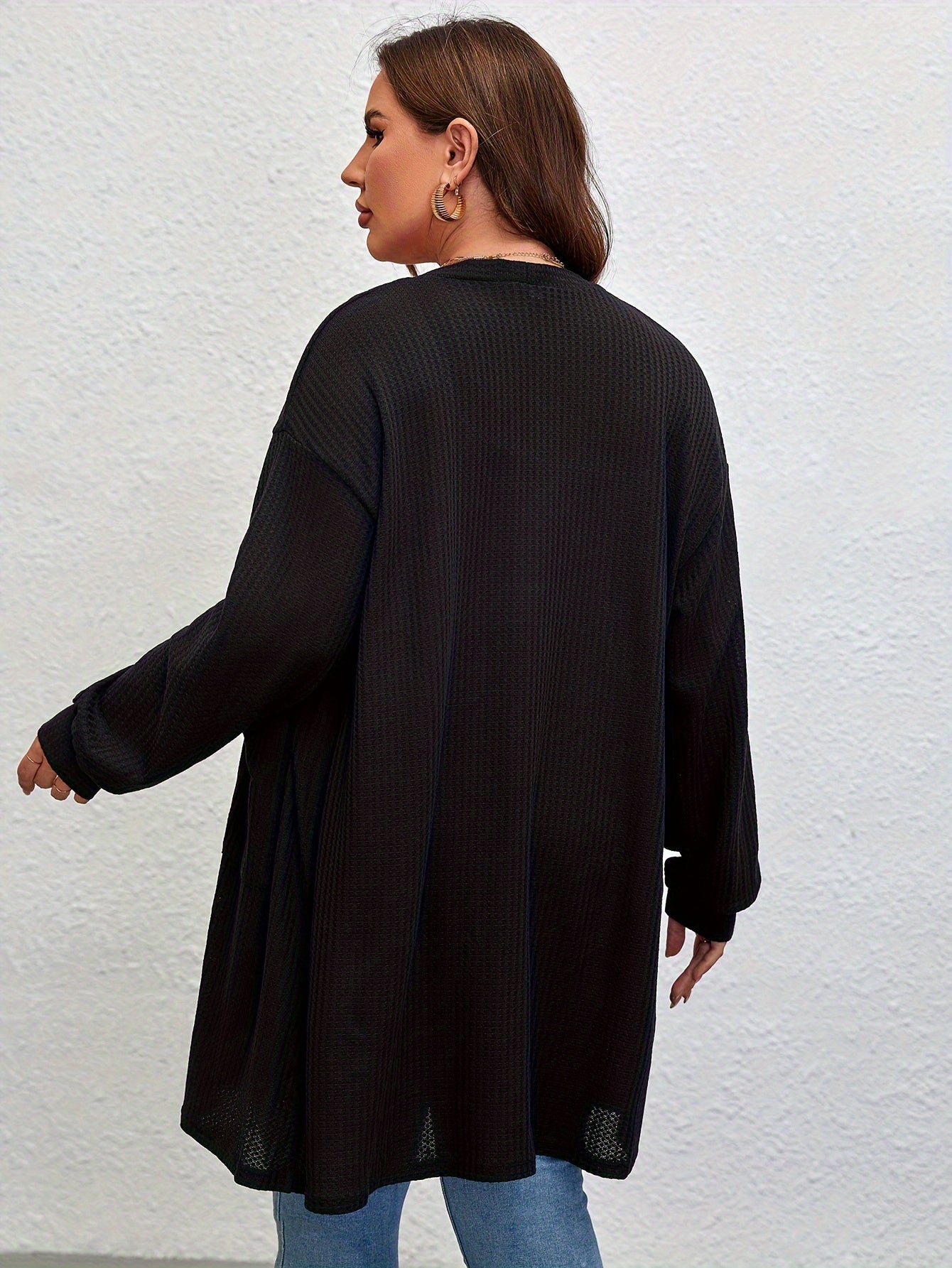  Solid Ribbed Lantern Sleeve Cardigan With Pockets