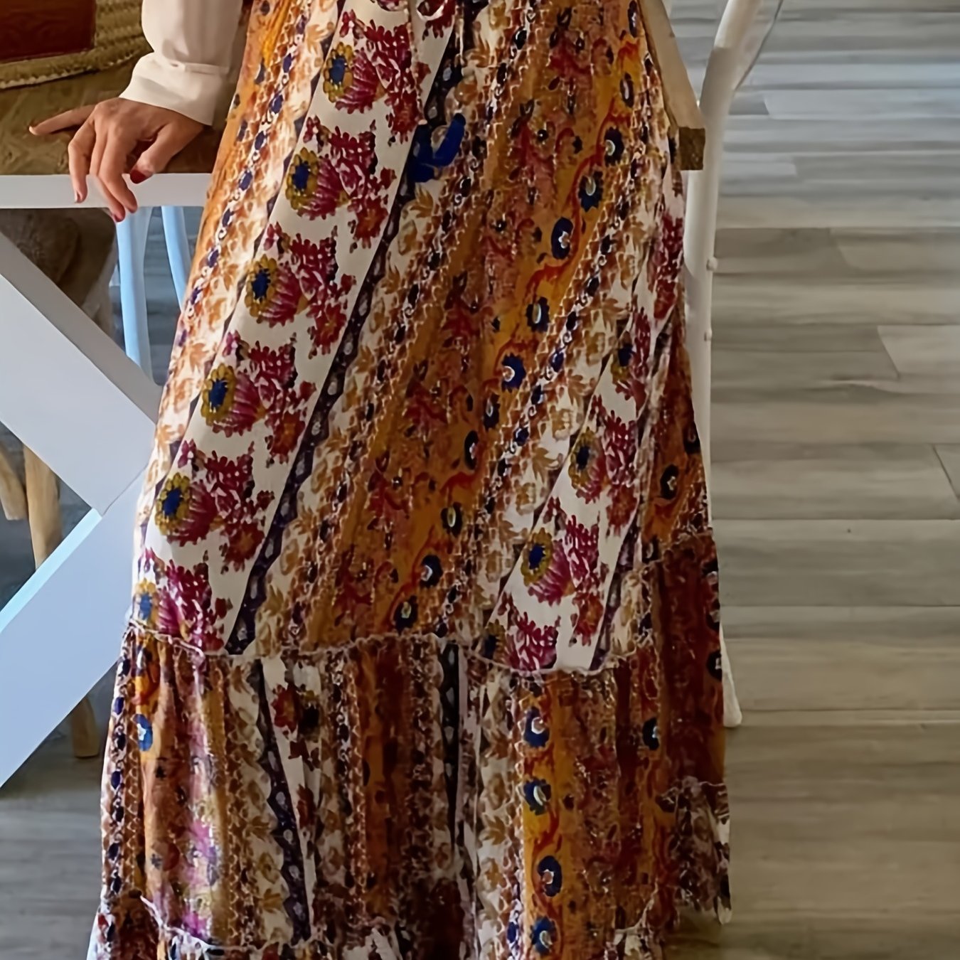  Tribal Print Ruffle Trim Maxi Skirt