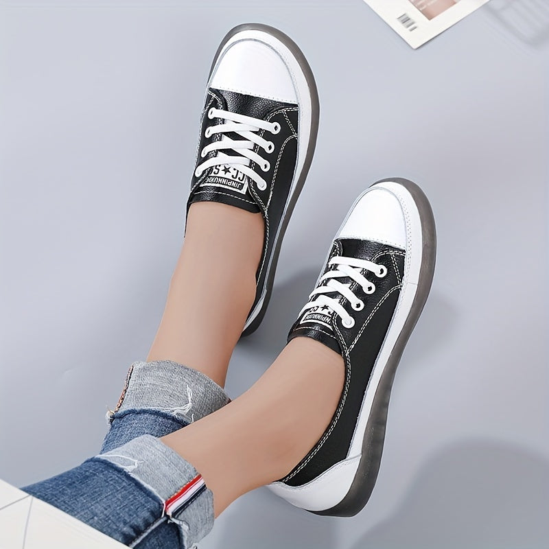 Women's Lace Up Flat Sneakers Low Top Shoes Soft Sole Faux Leather