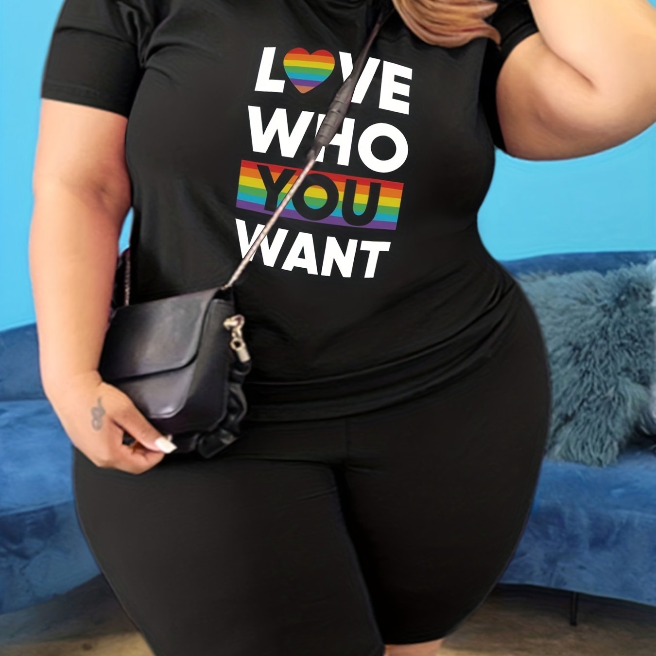  LGBT 2 Piece Set Women's Plus Slogan & Rainbow Stripe P