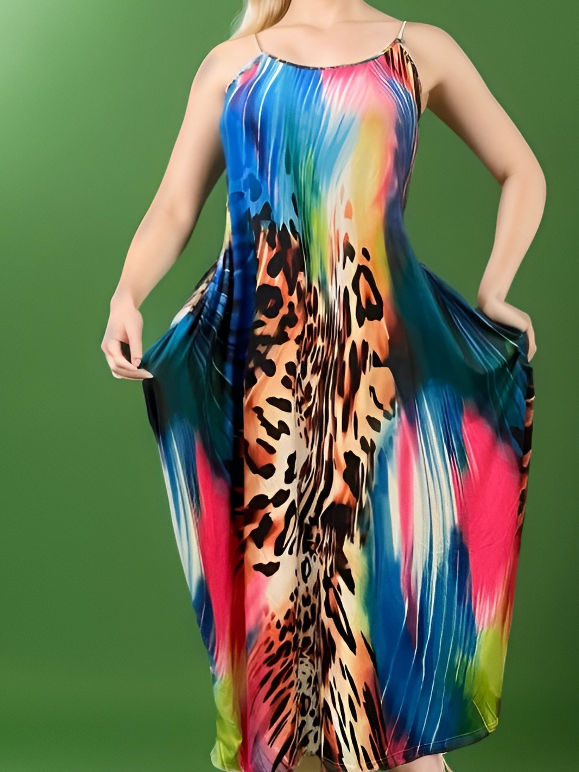  Colorblock Leopard Print Round Neck Stretch Cami Dress