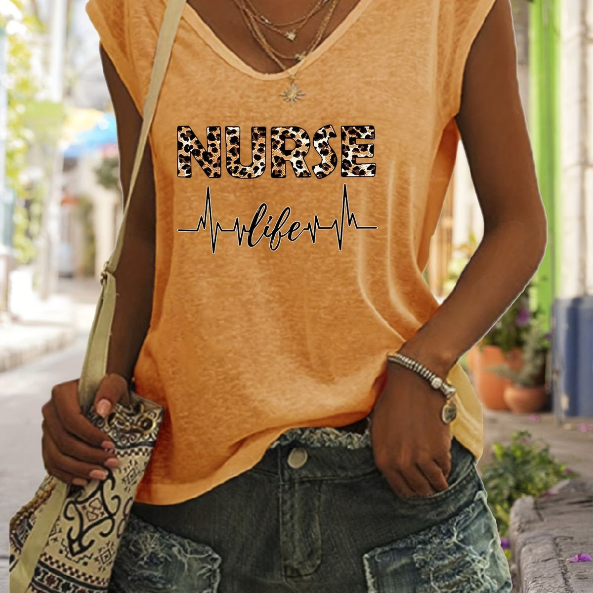 Nurse Life Print Tank Top V Neck Casual Top