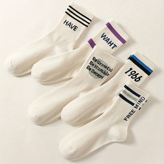 5 Pairs Letter Striped Socks Comfy & Breathable Women's Stockings