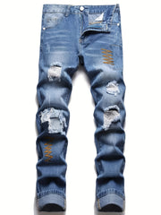 Men Chevron Embroidered Ripped Slim Straight Jeans