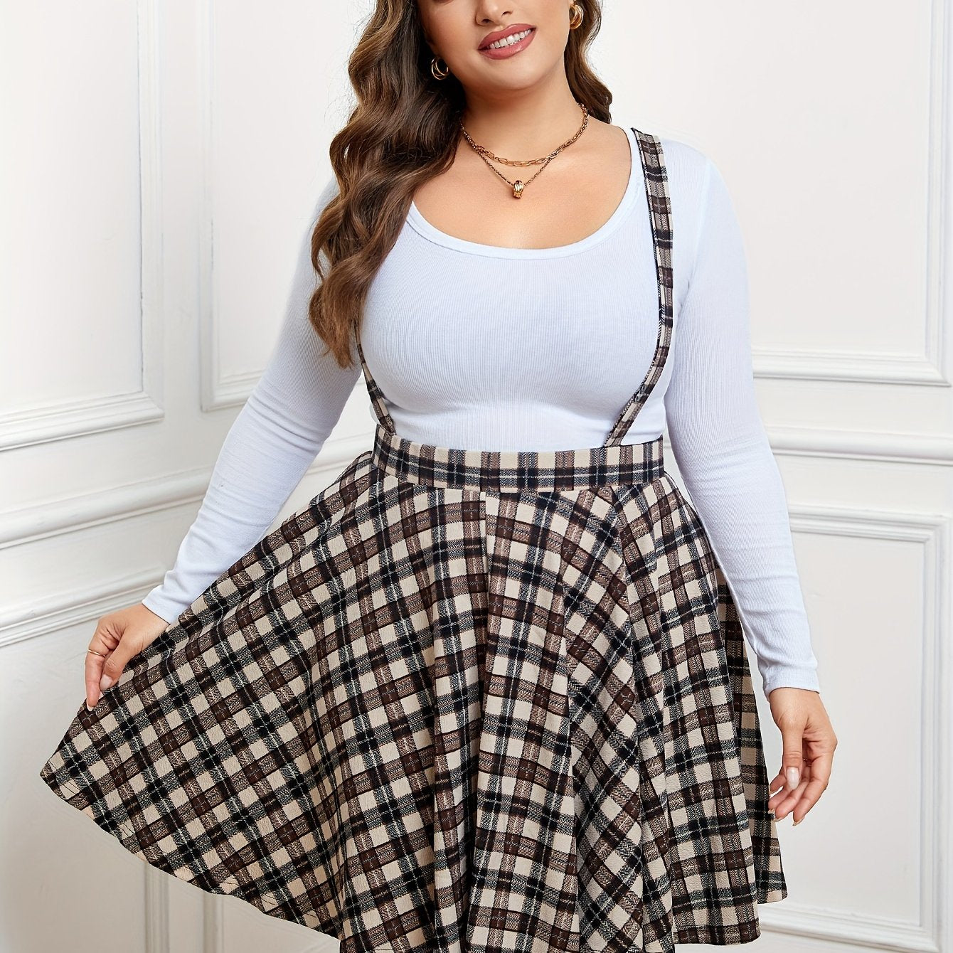  Women's Plaid Print Criss Cross Overall Mini Skirt