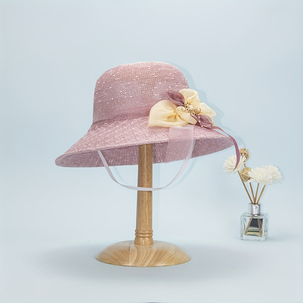 Summer Knitted Breathable Sun Hat Mesh Flower Decor Bucket Hat