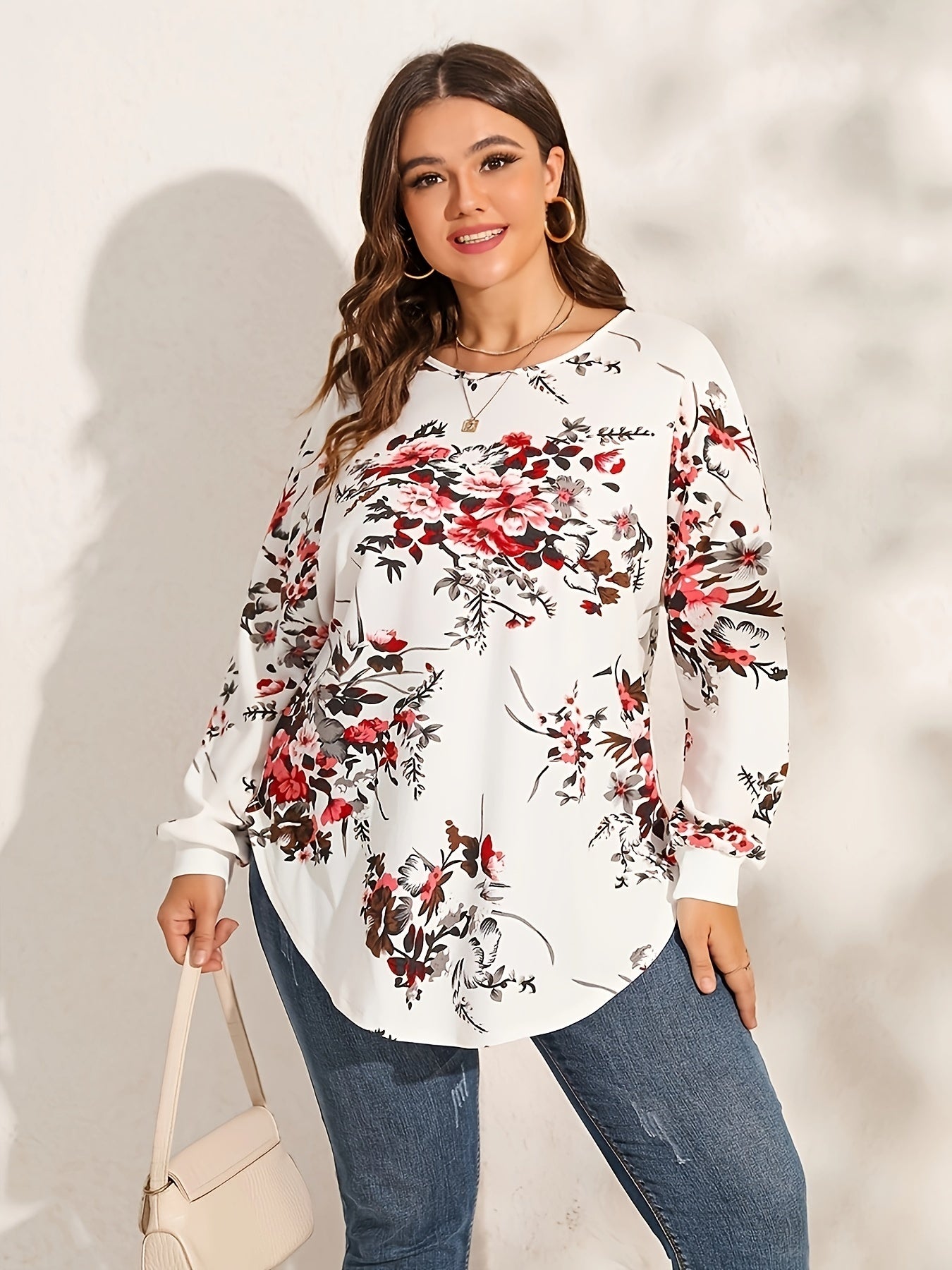  Floral Print Long Sleeve Tunic Shirt