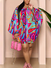 Abstract Print Lantern Sleeve Off Shoulder Dress