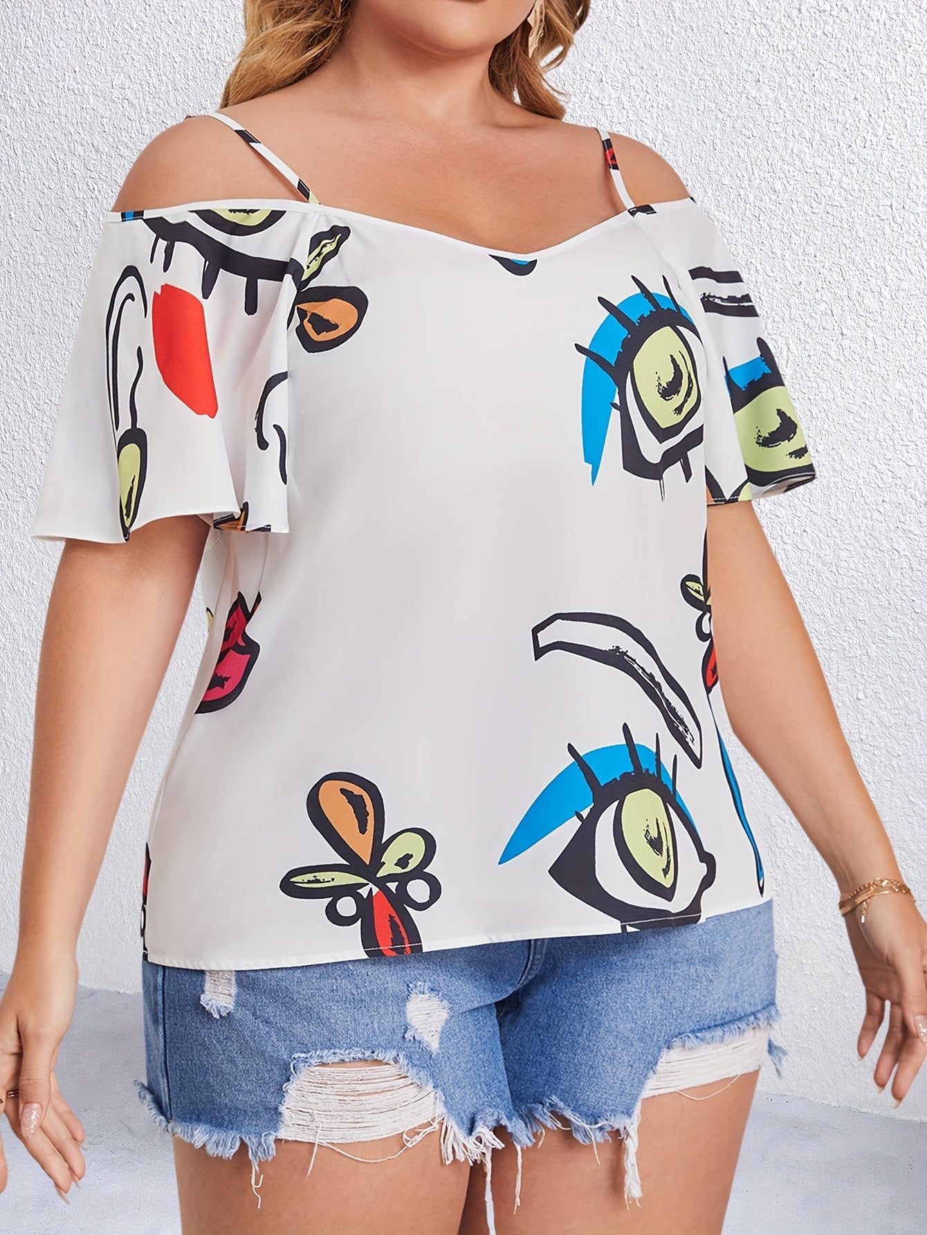  Abstract Painting Print Cold Shoulder Short Sleeve Blouse