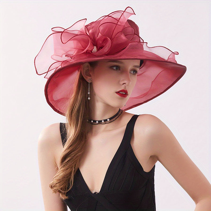 Organza Lace Derby Hat Wide Brim Flower Decor Sun Hat Lightweight