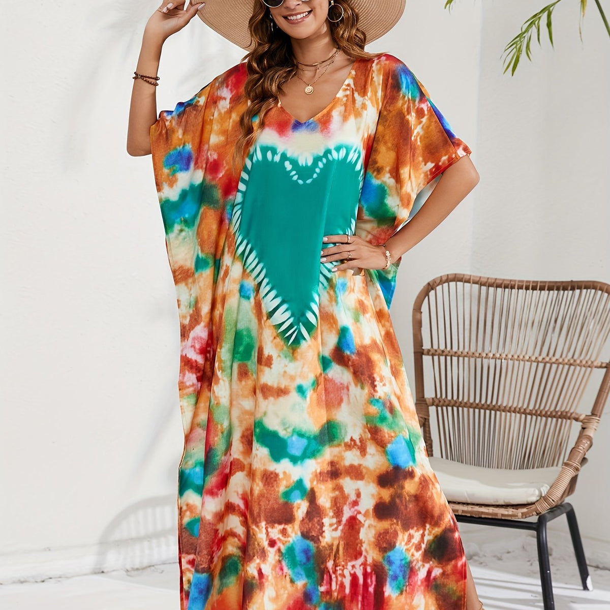  Boho Cover Up Tie Dye Heart Pattern V Neck Maxi Beach Cover Up