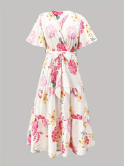  Floral Print Butterfly Sleeve Smock Pleated Dress