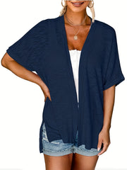  Solid Short Sleeve Open Front Cardigan