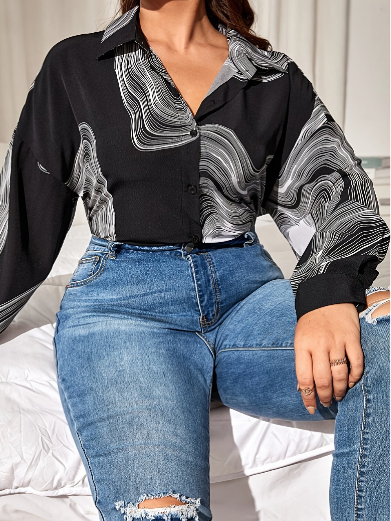  Retro Blouse Women's Plus Abstract Stripe Print Long Sleeve