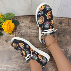 Women's Pumpkin Print Canvas Lace Up Sneakers Lightweight Outdoor Shoes
