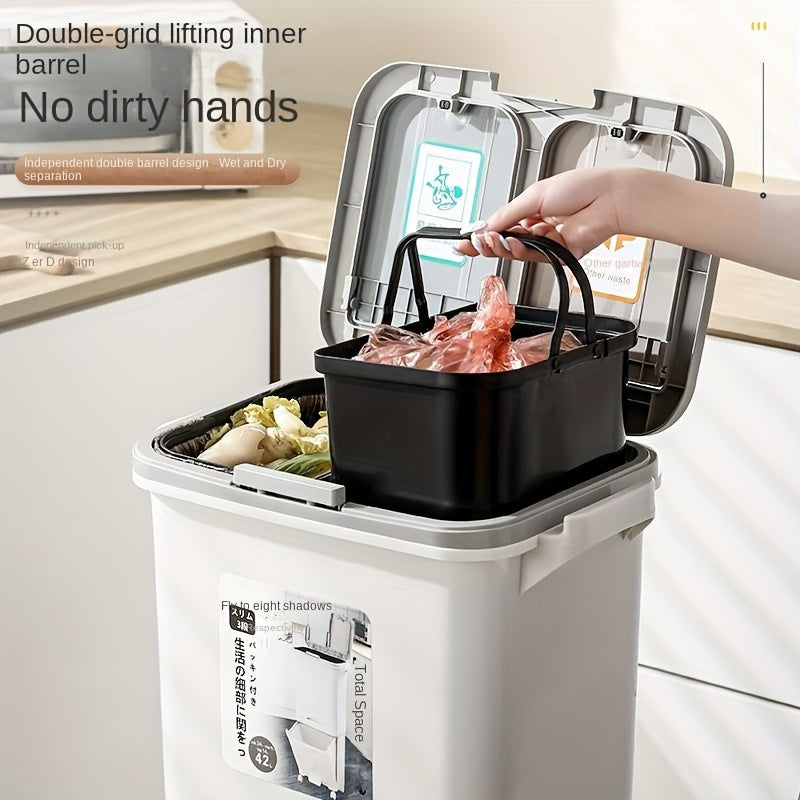 Large Capacity Trash Can with Lid, Household Rubbish Bin, Dry/Wet Separation
