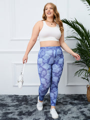  Geometric & Denim Print High Rise Fitness Leggings Women's Plus