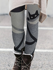  Colorblock Stripe & Cat Print Leggings