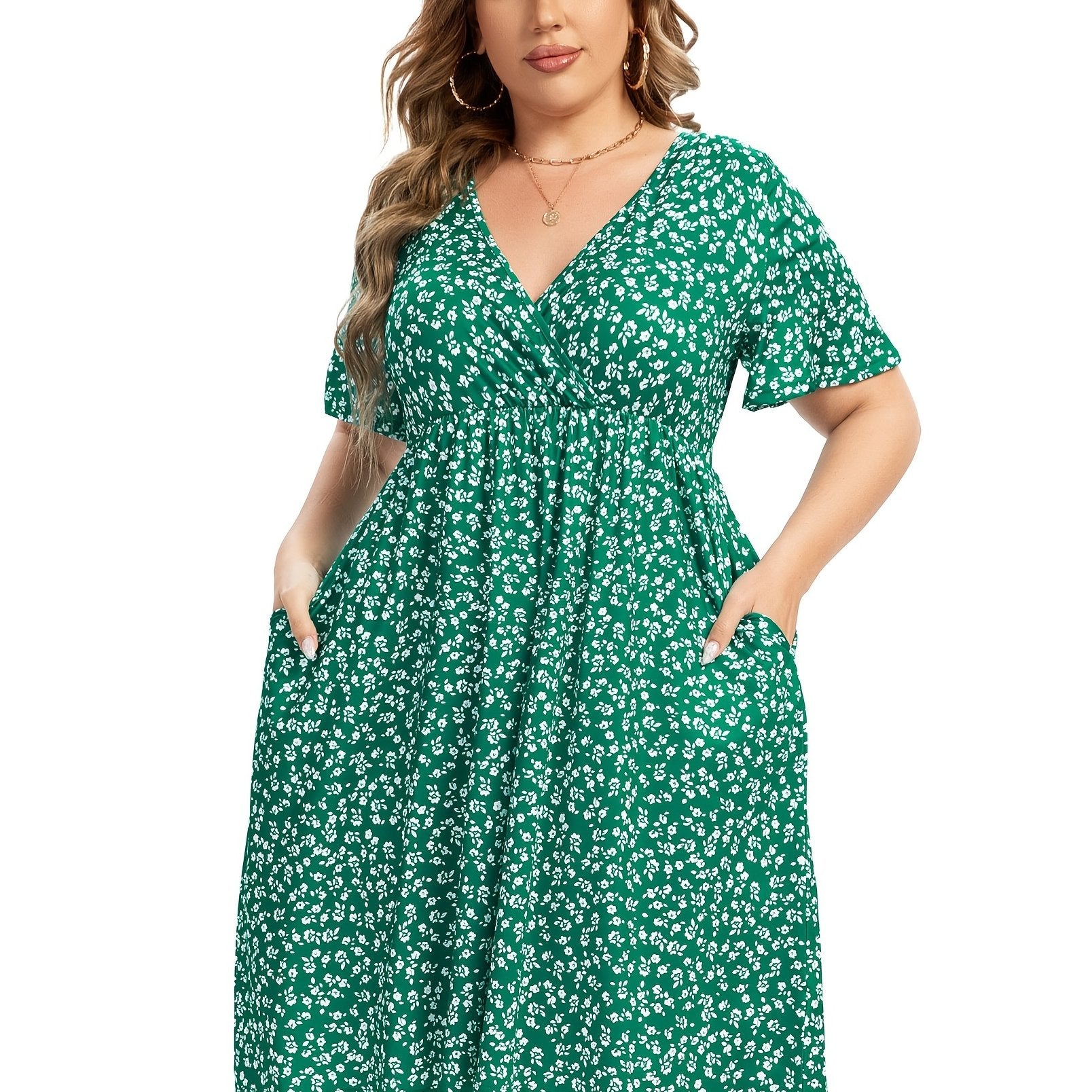  Floral Print Short Sleeve V Neck Dress With Pockets