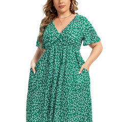  Floral Print Short Sleeve V Neck Dress With Pockets
