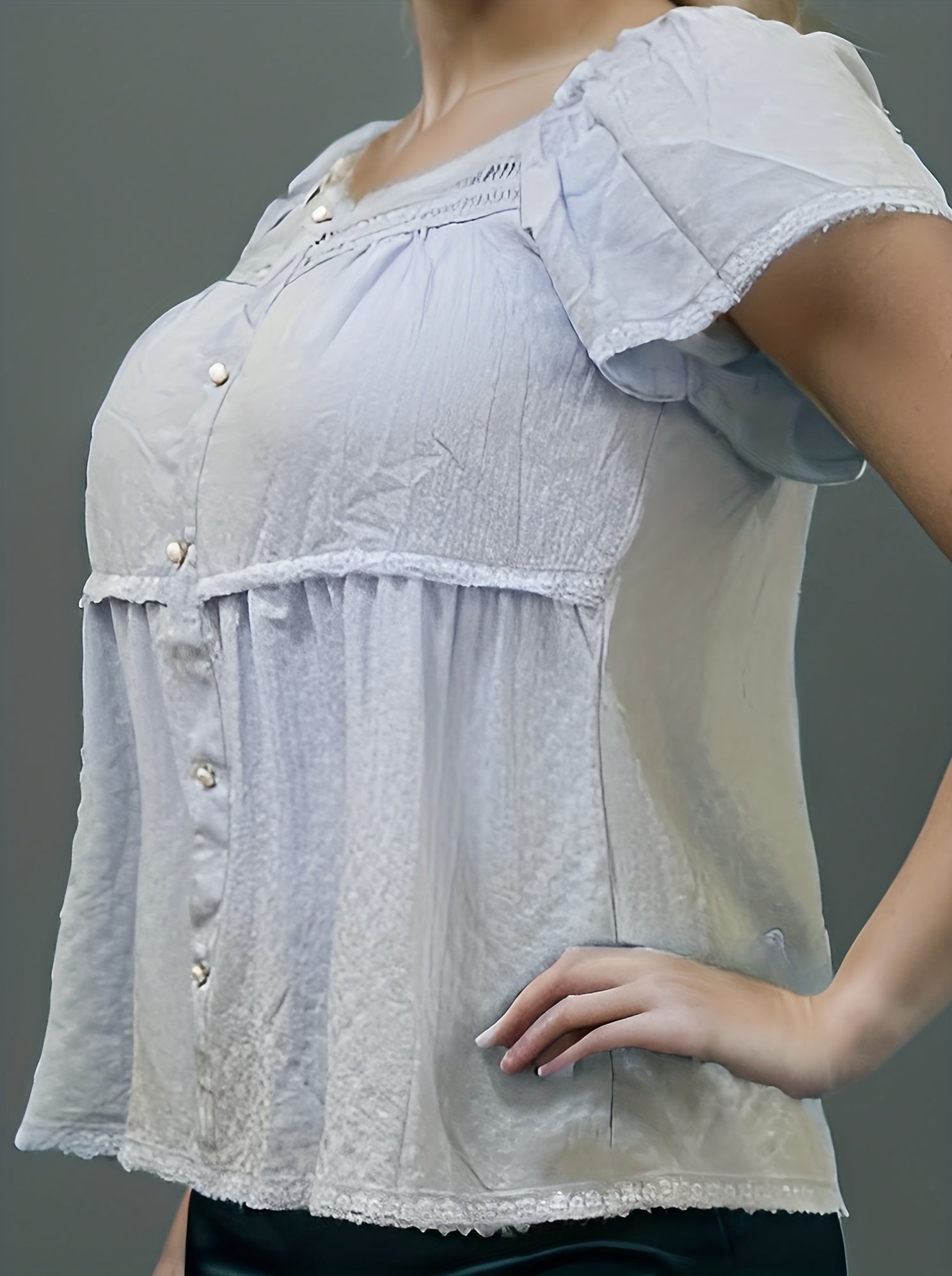  Lace Trim Blouse Short Sleeve Round Neck Top