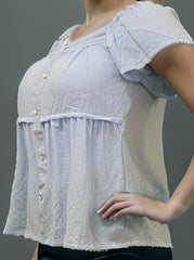  Lace Trim Blouse Short Sleeve Round Neck Top